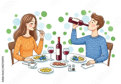 Couple enjoying a romantic dinner date at a restaurant, sharing a bottle of red wine and eating food