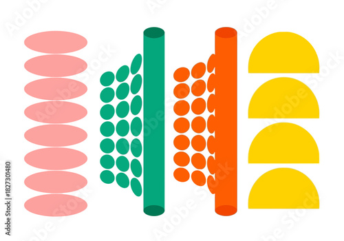 Abstract diagram illustrating a multistage process with colored shapes representing data flow or transformation steps