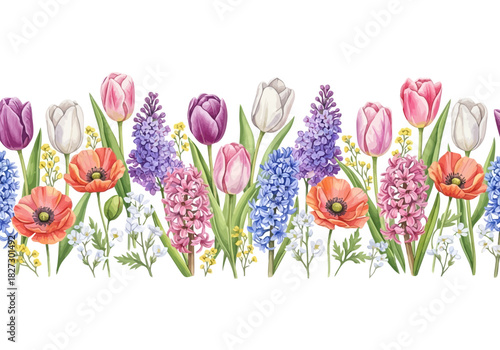 Watercolor border of colorful spring flowers including tulips, hyacinths, and poppies