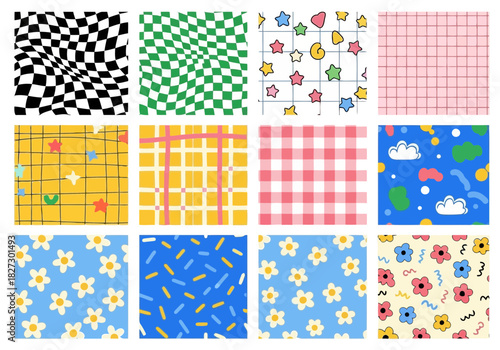Collection of twelve colorful seamless patterns featuring geometric designs, checks, gingham, stars, flowers, and abstract shapes for textile