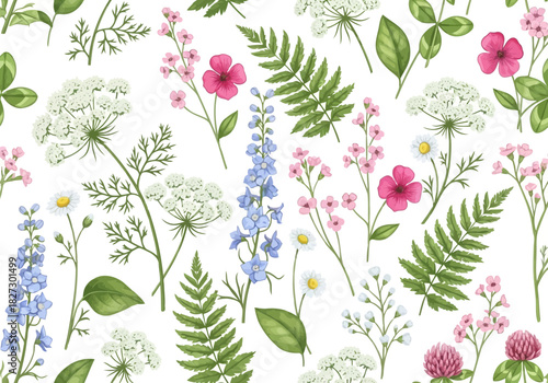Watercolor seamless pattern with delicate wildflowers, ferns, and clover