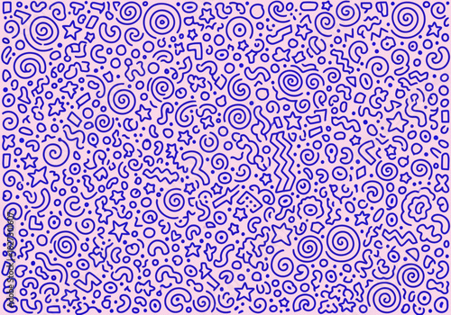 Seamless pattern of abstract doodle shapes including stars, spirals, dots, and squiggles on a light pink background