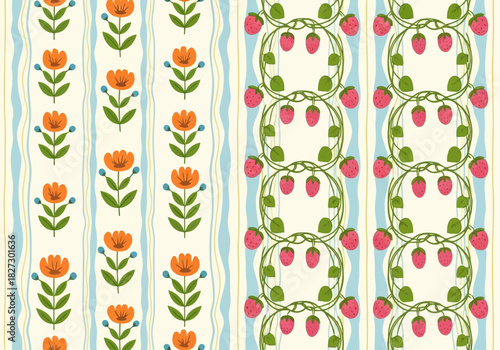 Seamless pattern set featuring two vertical stripes, one with stylized orange tulip flower motif and another with strawberry vine design