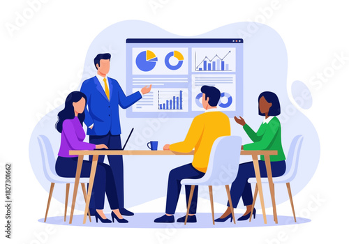 Business team meeting with manager presenting financial chart data analysis on a large screen to colleagues in an office setting