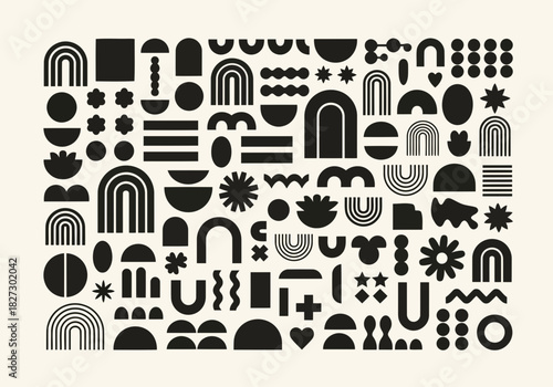 Abstract pattern set of black geometric shapes, minimalist modern design elements for graphic art and decoration