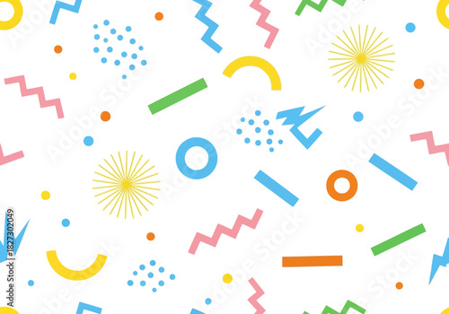 Seamless abstract pattern with colorful geometric shapes like zigzags, circles, dots, and lines on a