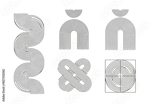 Set of six abstract minimalist line art geometric shapes and patterns in black and white