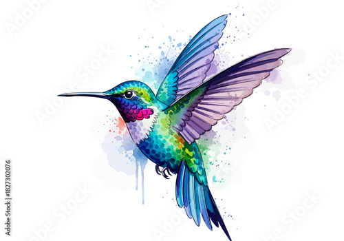 Watercolor painting of a vibrant, iridescent hummingbird in flight with wings spread