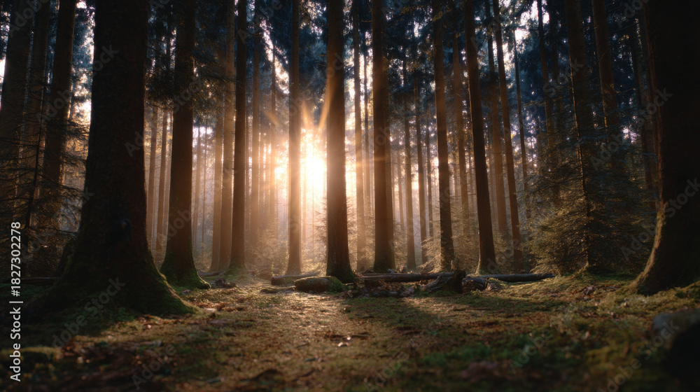 Fototapeta premium Magical sunrise in a quiet woodland filled with soft golden light, creating a peaceful and dreamy forest atmosphere perfect for nature, meditation, and inspirational concepts