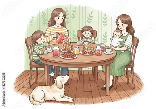 Two mothers having tea party with three children and a baby while a dog waits patiently on the floor illustration
