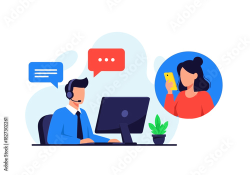 Customer support agent with headset assisting a female client using a mobile phone via online chat or telecommunication service
