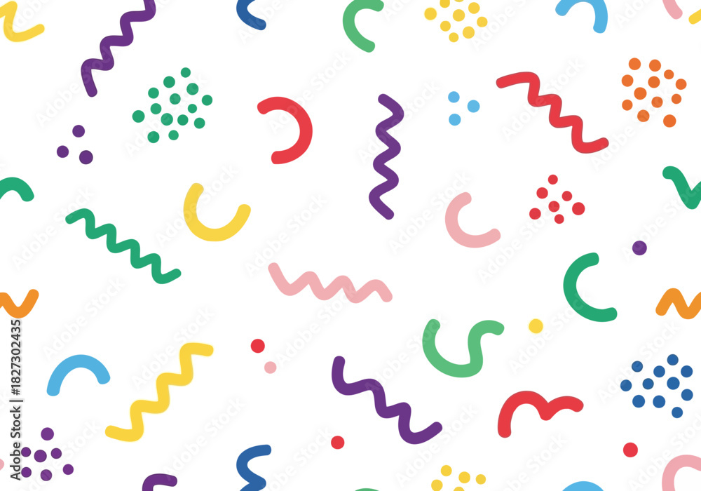Fototapeta premium Seamless abstract pattern with colorful doodle confetti, squiggles, and dots on a for a fun, playful design