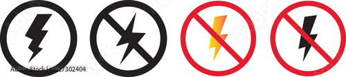 No Lightning Electricity and Prohibition symbol Icons Set, black icons, power outage, bright warning sign, Antistatic material flash design illustration,

