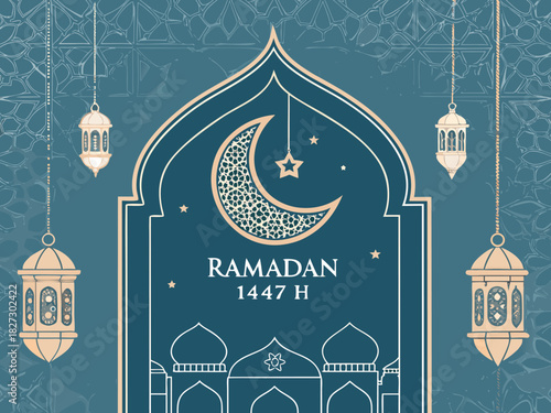 A beautifully designed vector illustration featuring a decorative crescent moon, hanging star, and traditional lanterns set within an ornate Islamic arch frame. Artwork showcases a refined combination