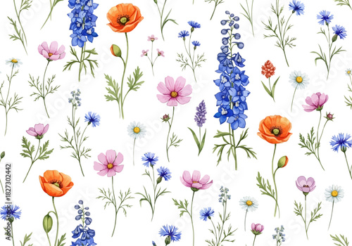 Watercolor seamless pattern with delicate wildflowers like poppies, delphinium, and cornflower