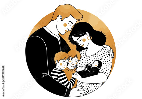 Loving family portrait illustration showing parents embracing their two young sons and a newborn baby in a warm circle