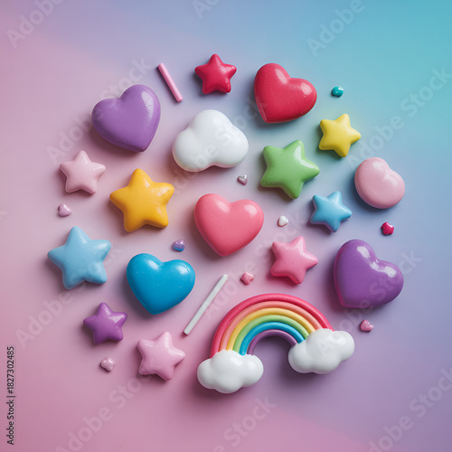 Colorful hearts stars clouds and rainbow candy shapes vactor isolated on a transparent background