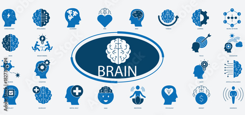 Brain and Intelligence Icon Set .Mind, Idea, Creativity,Innovation Outline Pack, AI , Neural Network Vector Collection.Smart Thinking, Strategy ,Technology Icons, Creative Brain & Education.