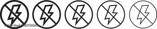 No Lightning Electricity and Prohibition symbol Icons Set, black icons, power outage, bright warning sign, Antistatic material flash design illustration,
