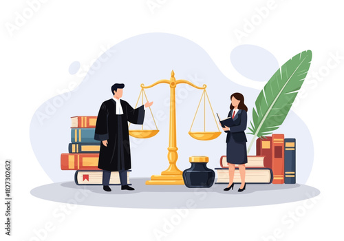 Lawyer and attorney discussing justice and balance of law with scales, books, and inkwell