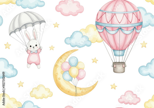 Seamless pattern with cute watercolor bunny parachuting, hot air balloon, and moon with balloon on