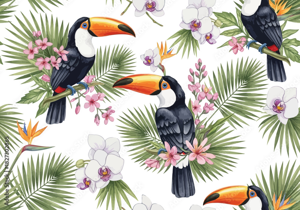Obraz premium Seamless watercolor pattern with toucan bird, tropical palm leaf, orchid flower, and bird of paradise on