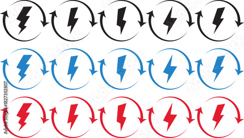 Renewable energy electricity circle icon set, power icon energy icon sign collection, Line and glyph flash sign,
