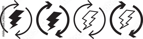 Renewable energy electricity circle icon set, power icon energy icon sign collection, Line and glyph flash sign,
