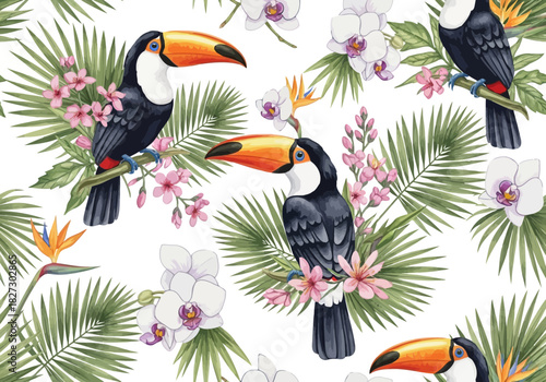 Seamless watercolor pattern with toucan bird, tropical palm leaf, orchid flower, and bird of paradise on