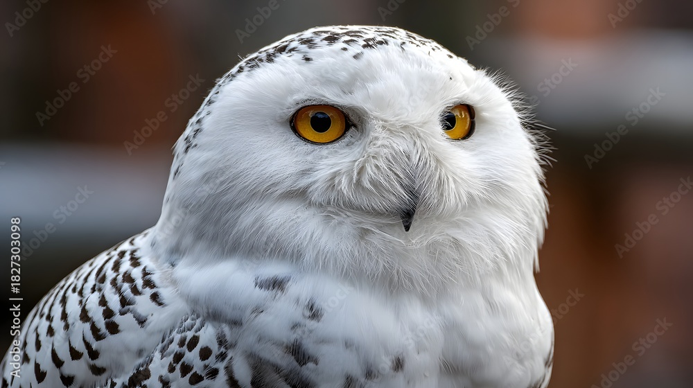 Obraz premium Close-up portrait of a majestic snowy owl with piercing yellow eyes.