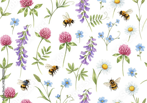 Watercolor seamless pattern with clover, wildflowers, and honey bees flying on a clean