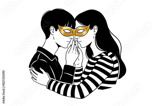 Illustration of a couple sharing a secret while wearing a golden masquerade mask