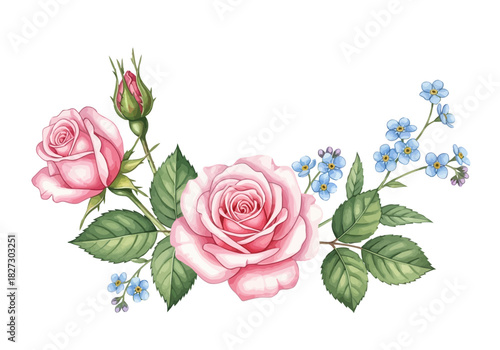 Watercolor illustration of a delicate pink rose flower bouquet with bud and small blue forgetmenot flower