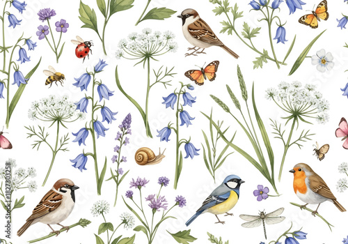 Watercolor seamless pattern with spring garden birds, bluebell flower, butterfly, ladybug, and snail on