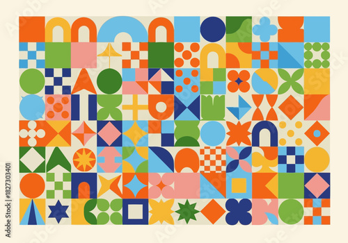 Vibrant abstract geometric pattern background with colorful shapes in midcentury modern style for graphic design