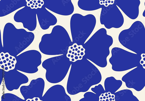 Seamless pattern of stylized blue flowers with white polka dot centers on a light cream background, perfect for textile design