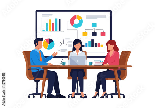 Three business people having a meeting around a table with charts and graphs displayed on a large screen