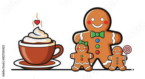 A whimsical illustration showcases a hot chocolate topped with whipped cream and a family of gingerbread cookies, creating a festive and heartwarming scene.