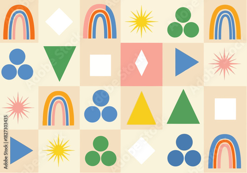 Seamless pattern with abstract geometric shapes, rainbows, sunbursts, and circles in soft pastel colors on beige