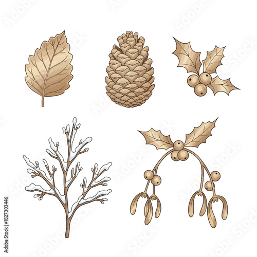 Golden Winter Nature Christmas Icon Set