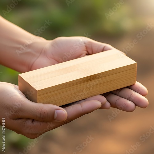 Warm embrace holding a smooth bamboo box, suggesting eco-conscious gift