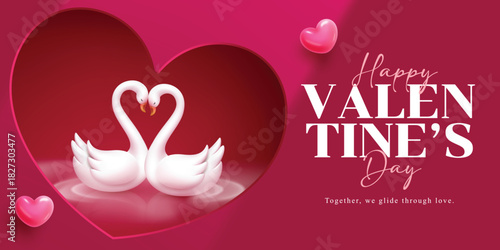 Happy Valentine's day greeting clipart banner. Valentine's day card template clip art with pink heart shape paper cut and romantic couple swan decoration elements vector illustration.
