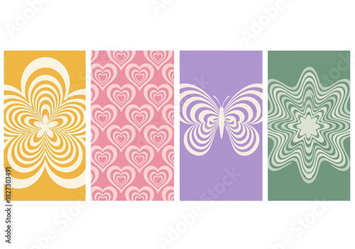 Set of four retro 70s style abstract pattern backgrounds featuring optical illusion flower, heart, butterfly, and star shapes in pastel color palette