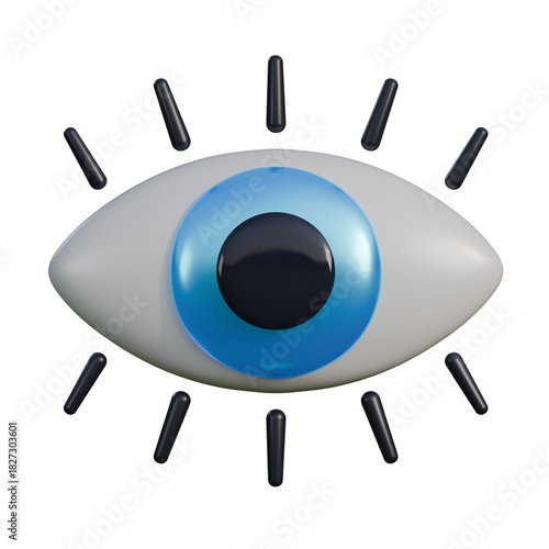 A high-quality 3D render of an eye with a bright blue iris