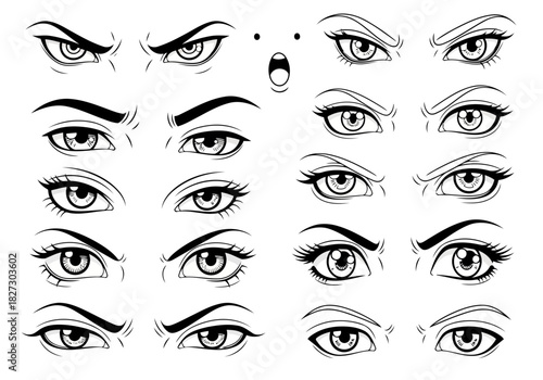 Collection of angry, suspicious, and surprised cartoon eye expressions drawn in black and white