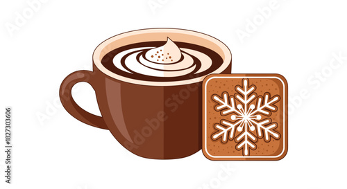 A delightful illustration features a steaming mug of hot chocolate topped with whipped cream, paired with a festive snowflake gingerbread cookie, evoking a cozy winter mood.