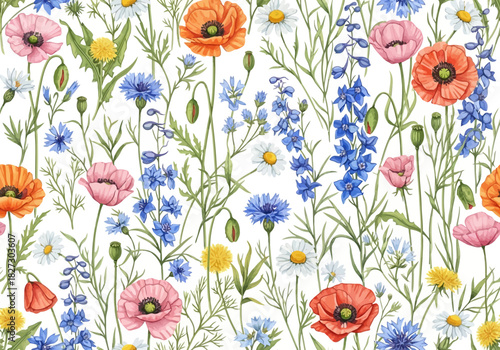 Watercolor seamless pattern of colorful summer field flowers including poppy, cornflower, and daisy