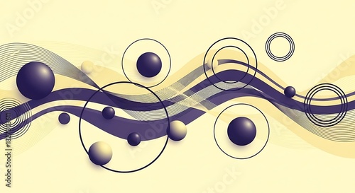 Wavy purple and golden illustration with spheres and circular lines