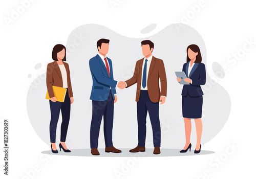 Two businessmen shake hand in agreement while two businesswoman stand beside them