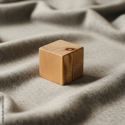 Wooden block on soft, textured fabric, minimalist design and warm light